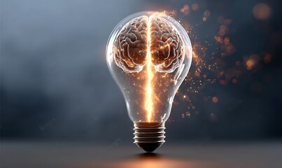 Conceptual representation of a brain inside a light bulb, symbolizing creativity, innovation, and the fusion of ideas with abstract glowing background design in a modern artistic.

