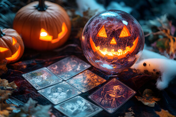 Halloween Tarot Reading Scene with Crystal Ball and Jack-O&rsquo;-Lantern
