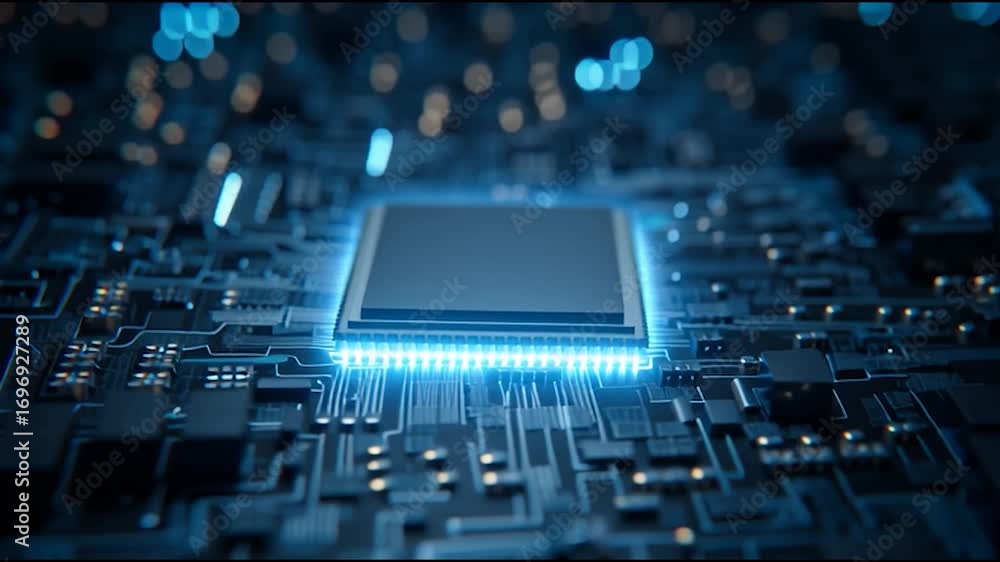 Poster a close-up view of a modern microprocessor on a circuit board, showcasing intricate electronic compo