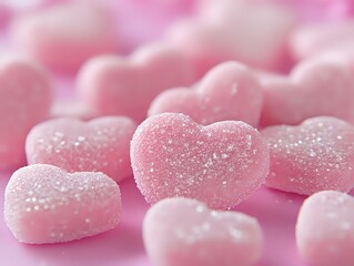 Obraz premium Pink sugar-coated heart-shaped gummy candies scattered on pink background, macro close-up view showing crystalline texture and sweet confectionery details.