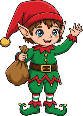Cute Christmas elf cartoon character waving hand, holding gift sack, festive costume, holiday spirit, isolated white background, kids illustration, joyful
