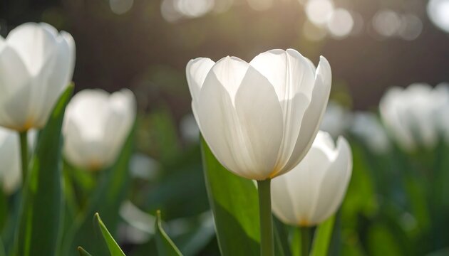 Elegance in bloom: A close-up of pristine white tulips in soft focus