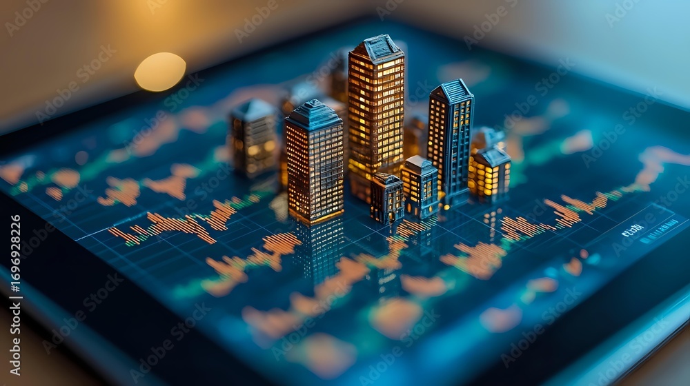 Poster miniature golden skyscrapers on financial chart background with stock market data visualization, glo