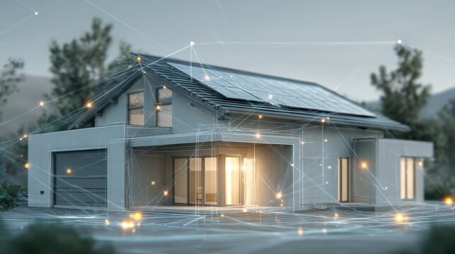 This is a futuristic depiction of a modern house equipped with solar panels on its roof. Digital lines and glowing nodes overlay the scene, suggesting a smart home system and.