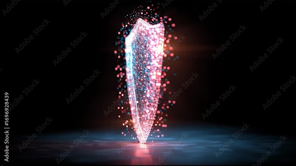 Poster a glowing shield made of colorful particles, creating a visually striking effect against a dark back