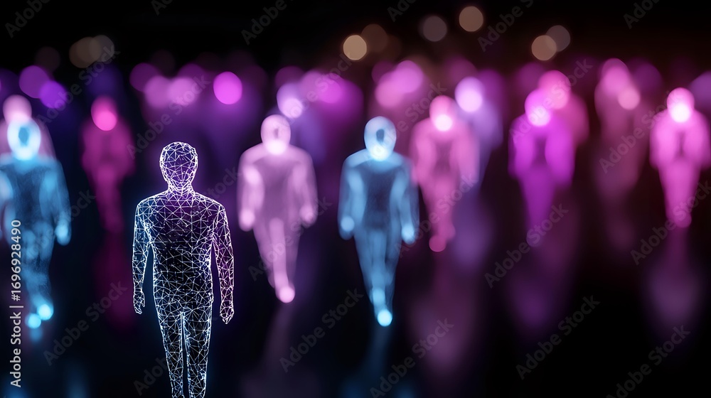 Poster glowing holographic figures walking in dark space with neon blue and purple light effects creating f