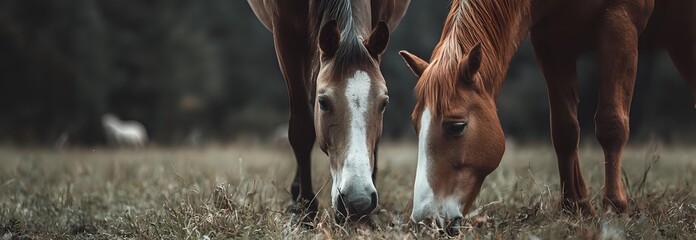 Two brown horses grazing together in meadow, close up view of heads and muzzles. Panoramic nature photography showing bond between animals in soft lighting.