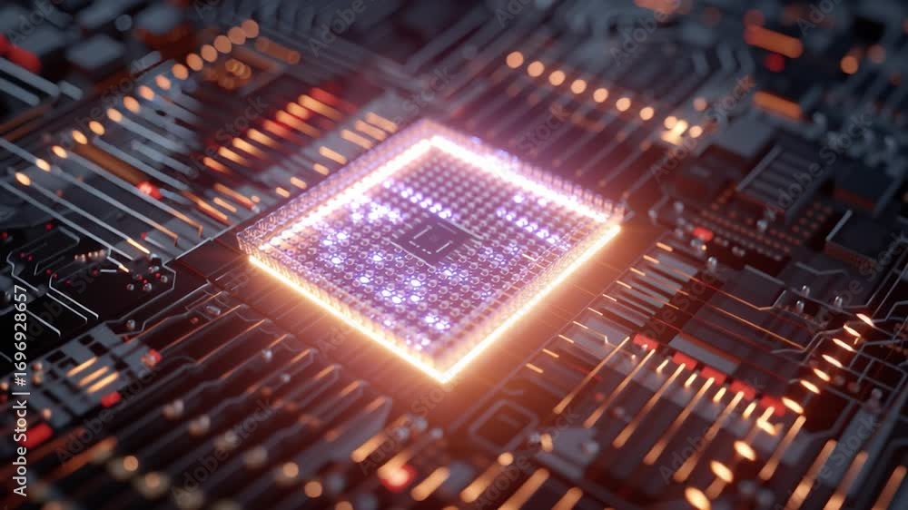 Poster a close-up of a glowing microchip on a circuit board, showcasing intricate details and vibrant color