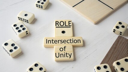 Role Intersection of Unity Concept with Dice on Wooden Surface