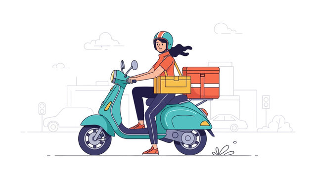 Speedy Delivery: A dynamic delivery driver, embodying efficiency and reliability, confidently navigates the urban landscape on a vibrant scooter, ensuring prompt and secure transport of goods.