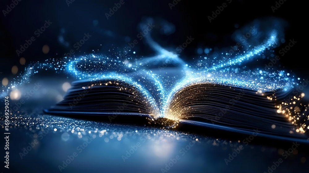 Poster magical open book with glowing sparkles and light trails floating above pages against dark backgroun