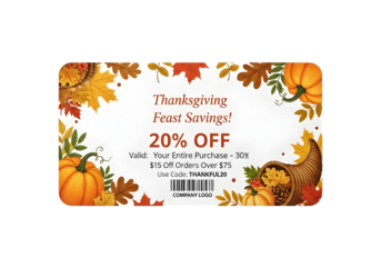 Thanksgiving feast savings coupon with 20 off entire purchase isolated on transparent background