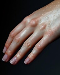 Female hand with glossy skin effect and pink manicure on black background, close-up shot showing moisturized skin texture and natural nail polish finish.