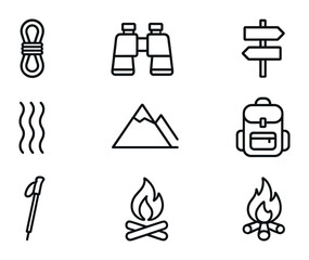 Fototapeta premium Outdoor Adventure Icons. Outline icon set of outdoor adventures: climbing rope, binoculars, trail sign, river,