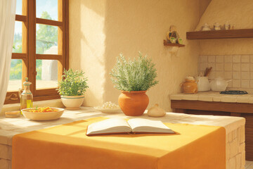 bright and cozy kitchen with simple design featuring recipe book and animated cooking scenes