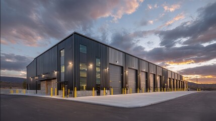 Obraz premium This is a modern, expansive warehouse with a dark, corrugated metal exterior. The long building features numerous large bay doors and a row of windows. Yellow bollards and exterior.