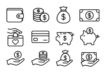 Financial Help Icons. Outline icon set of Financial help: wallet, coins, money bag, banknote, donation box,