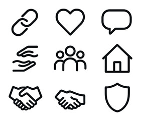Support Icon Set. Outline icon set of Support networks: chain links, heart, speech bubble, helping hands,