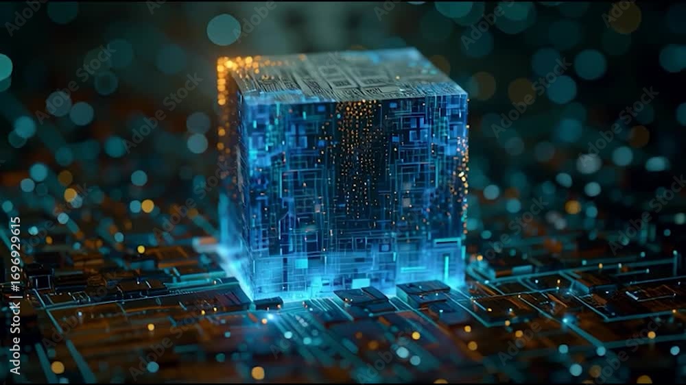 Poster a luminous, transparent cube on a detailed circuit board, showcasing intricate patterns and glowing 