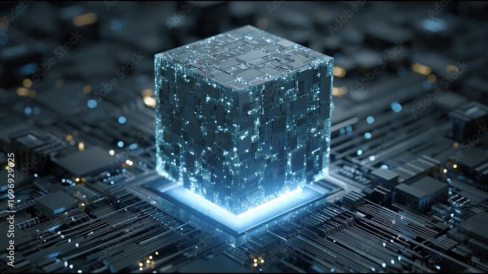 Aufkleber a futuristic translucent cube featuring intricate circuitry, illuminated on a dark digital backgroun