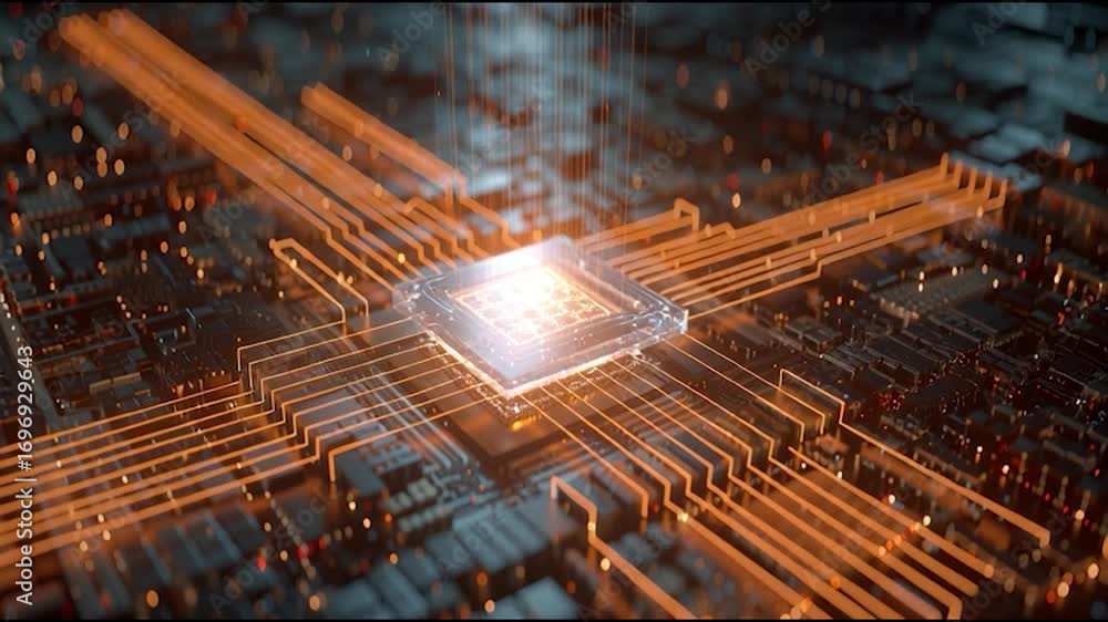 Aufkleber a futuristic microchip surrounded by intricate circuit patterns emanating a glowing light, symbolizi