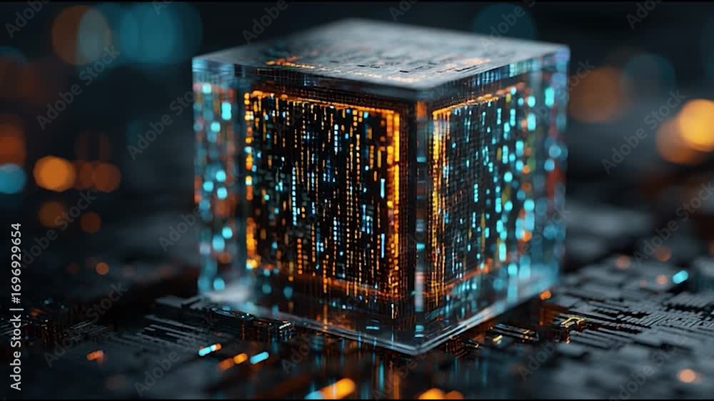 Poster a futuristic, illuminated cube showcasing vibrant data streams against a dark, tech-inspired backgro