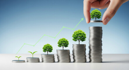 Growing savings and environmental sustainability with trees sprouting on coin stacks under economic investment growth strategy