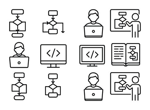 Algorithm Learning Icons. Outline icon set of Students learning algorithms: flowchart, algorithm symbol,
