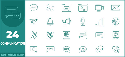 Communication line icon set. Vector pictograms of chat, message, email, phone call, connection, media, and conversation thin linear illustration.