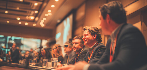 Interview and round table discussion at business conention and presentation. Adience at the conference hll. Business and entreprenurship symposium.