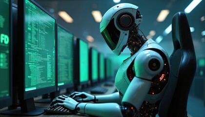 Fototapeta premium Futuristic robot works at multiple computers displaying code. Advanced automation in modern room. Technology, AI, and data processing in cybernetic future. Innovation in digital workflow.