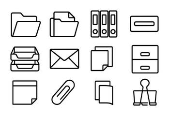 Office Organization Icons. Outline icon set of Paper organization: folders, binders, labels, document tray,