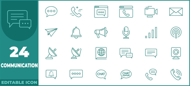 Communication line icon set. Vector pictograms of chat, message, email, phone call, connection, media, and conversation thin linear illustration.