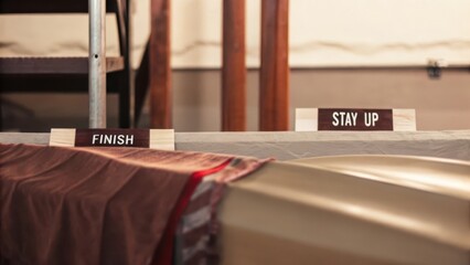 Signs Indicating Finish Line and Stay Upright for Racing Equipment