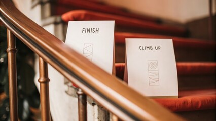 Signs Indicating Finish and Climb Up on Indoor Staircase Steps
