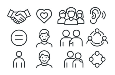 Obraz premium Respect Icons Grid. Outline icon set of respect in workplace culture: handshake, speech bubble with heart,