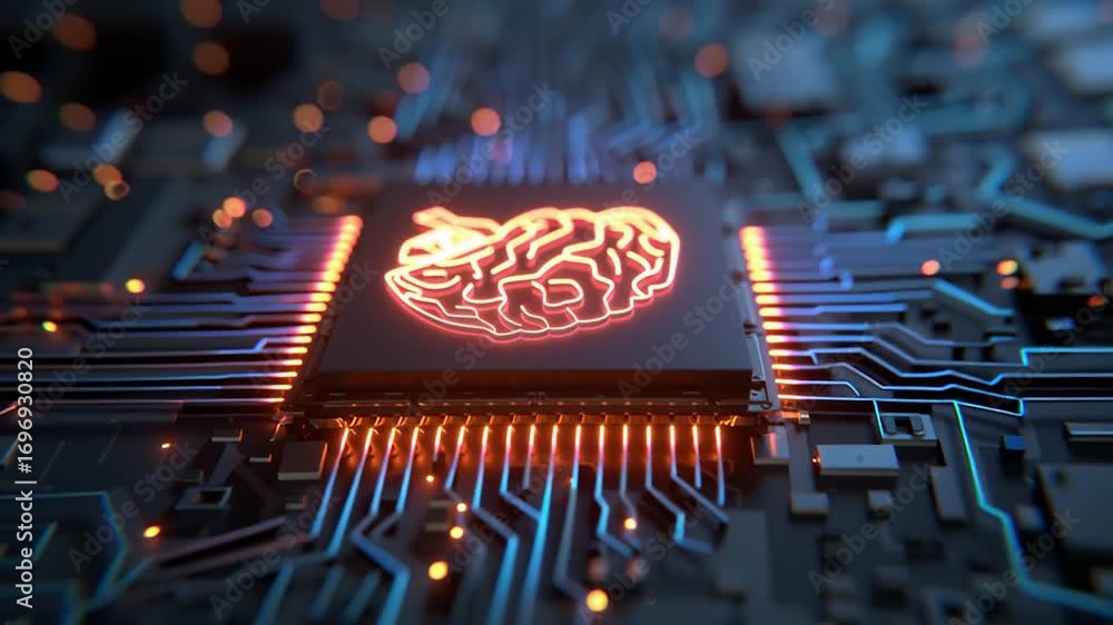 Aufkleber a close-up view of a microchip featuring a glowing brain design, symbolizing the intersection of tec
