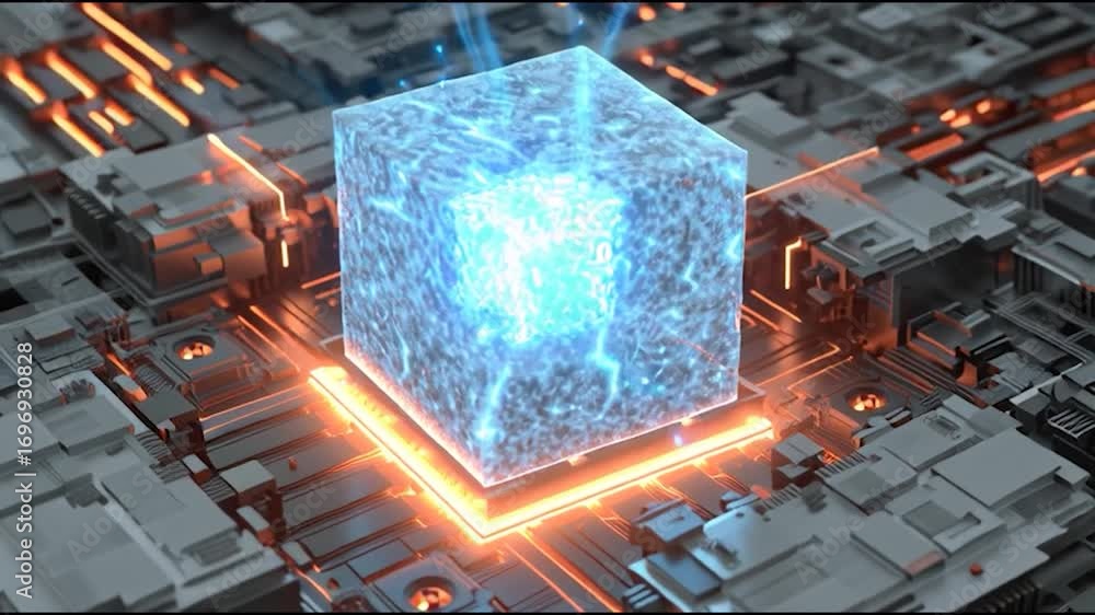 Poster a futuristic digital scene showcasing a glowing blue cube above a complex circuit board with illumin