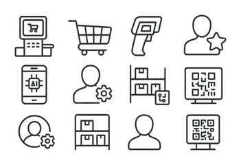 AI Retail Icons. Outline icon set of AI in retail: self-checkout machine, shopping cart, product scanner,