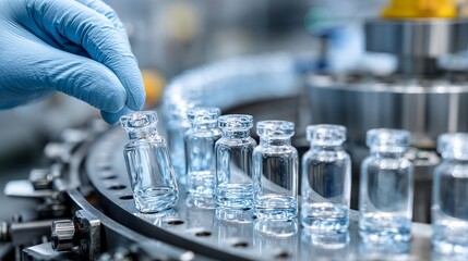 Professional gloved hand carefully places sterile glass vial onto automated production line for pharmaceutical manufacturing and quality control