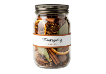 A mason jar of thanksgiving spices isolated on transparent background is ready for the holidays