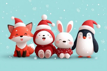 Adorable Woodland Animals in Santa Hats