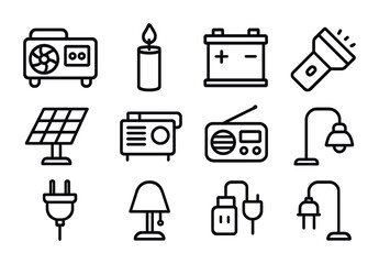 Power Outage Icons. Outline icon set of power outage readiness: generator, candle, battery, flashlight, solar