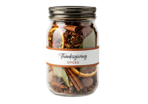 A mason jar of thanksgiving spices isolated on transparent background is ready for the holidays