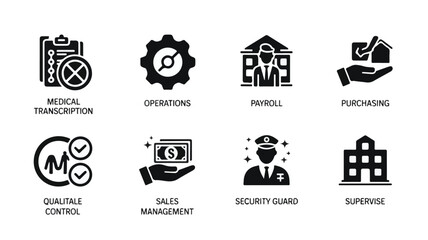 Business icons representing medical transcription operations payroll purchasing quality control sales management security guard supervise