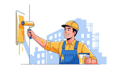 Painter at Work: A diligent painter, rendered in a stylized illustration, diligently applies a vibrant coat of paint to a wall, his actions set against a backdrop hinting at urban development.