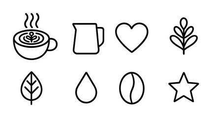 Latte Art Icons. Outline icon set of latte art: steaming cup, milk pitcher, heart, rosetta design, leaf,