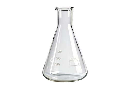Laboratory glassware: clear glass Erlenmeyer flask for scientific experiments and chemical analysis