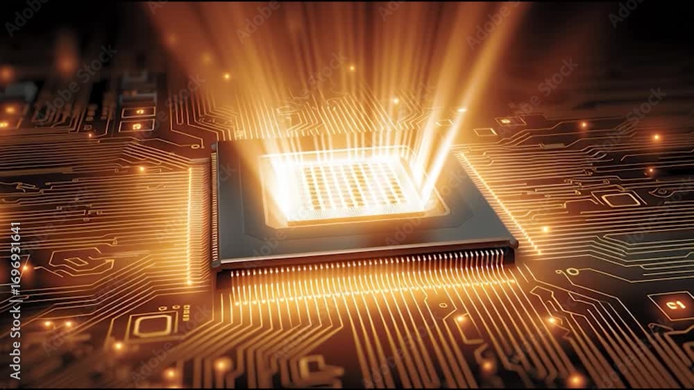 Aufkleber a glowing microchip emitting radiant light in a dark environment, symbolizing advanced technology an