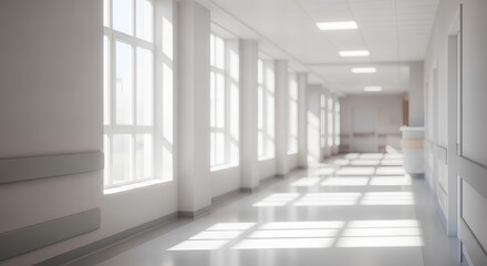 Fototapeta premium Bright, empty, and sterile hospital hallway with large windows casting sunlight across the polished floor, creating a sense of cleanliness and order.
